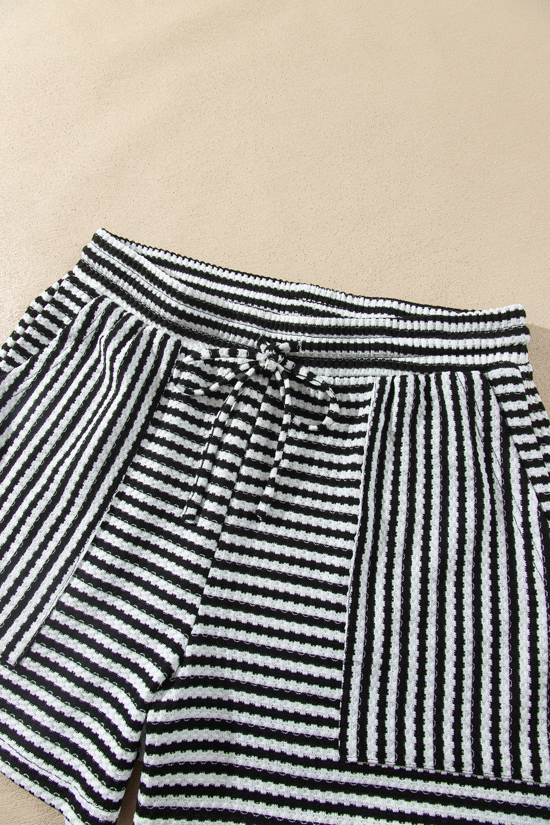Black Stripe Textured Knit Long Sleeve Top Elastic Waist Shorts Casual Outfit