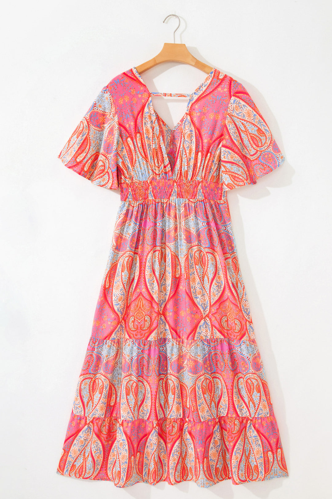 Chic Paisley Print Short Sleeve Boho Maxi Dress with Ruffle Details