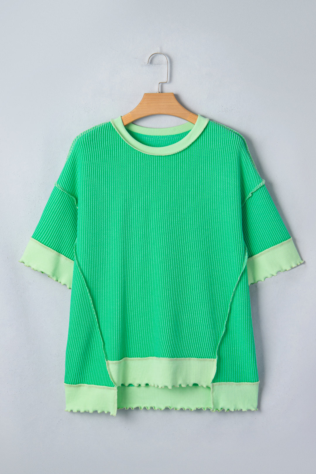 Casual Mint Green Loose Uneven Hem Twist Ribbed T Shirt