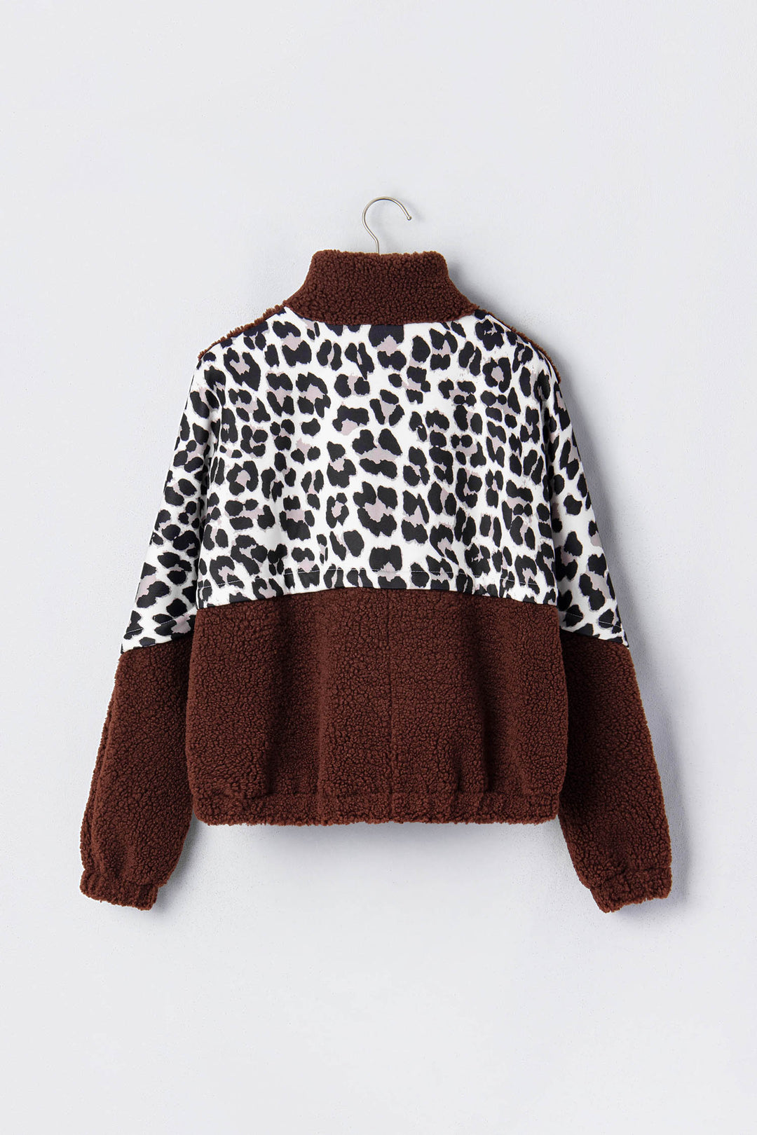 Coffee Leopard Patchwork Fleece Western Style Zip-up Collar Jacket