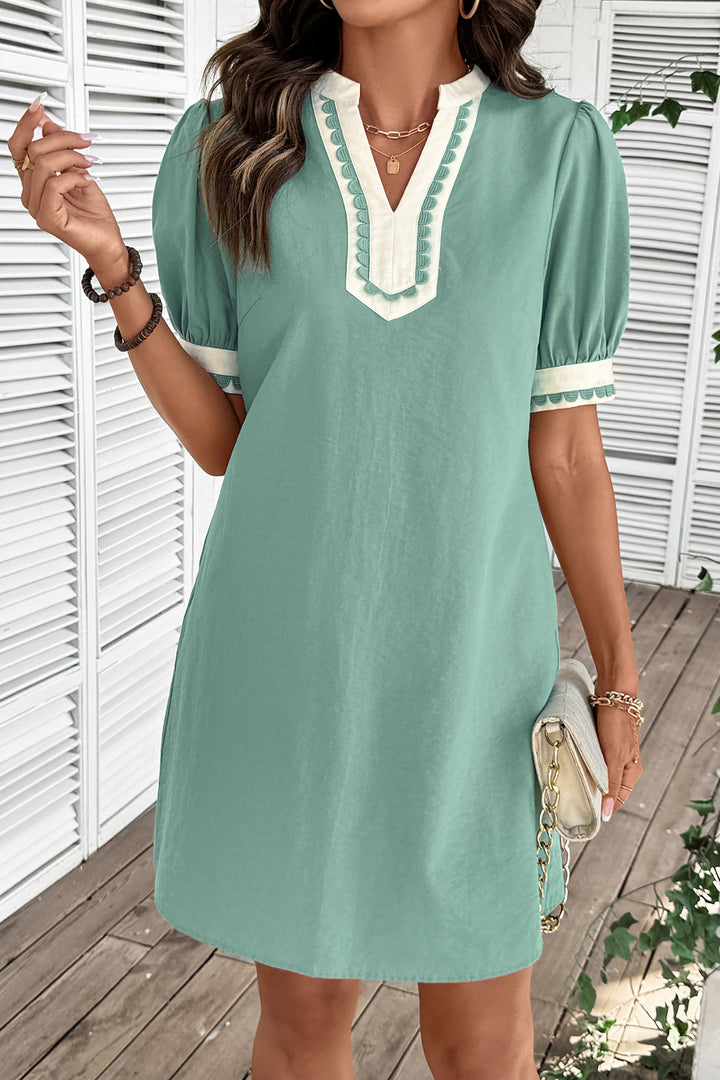 Canton Scallop Color Block Trim Puff Sleeve Mini Dress