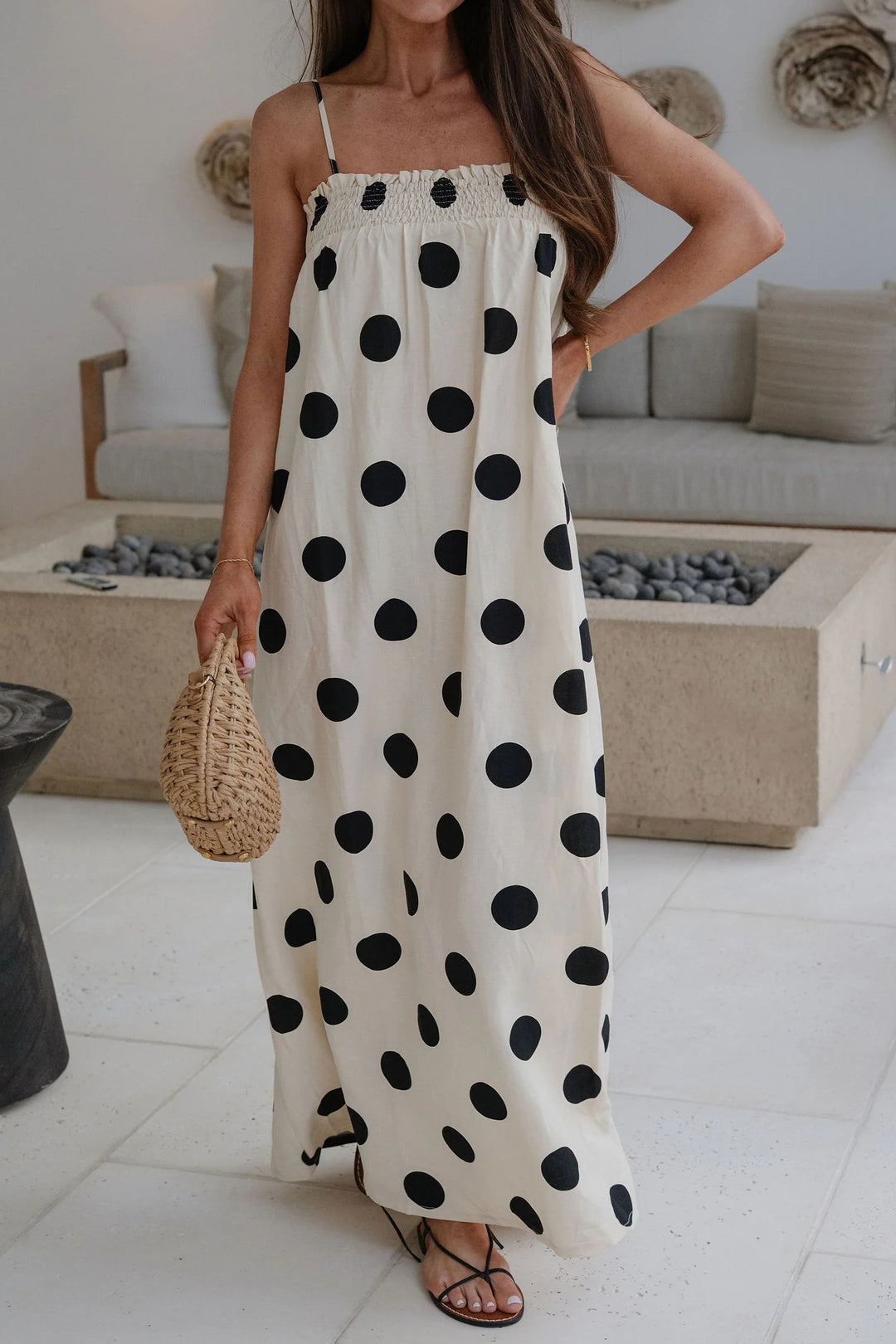 White Polka Dot Spaghetti Straps Maxi Dress