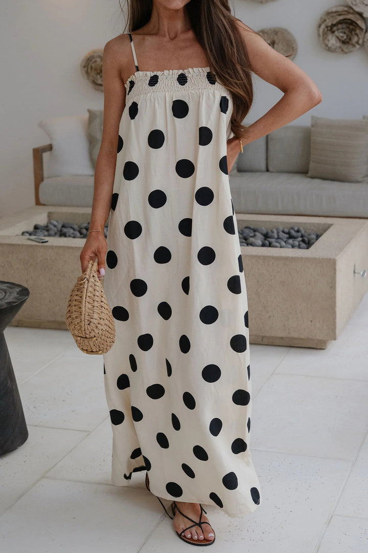 White Polka Dot Spaghetti Straps Maxi Dress