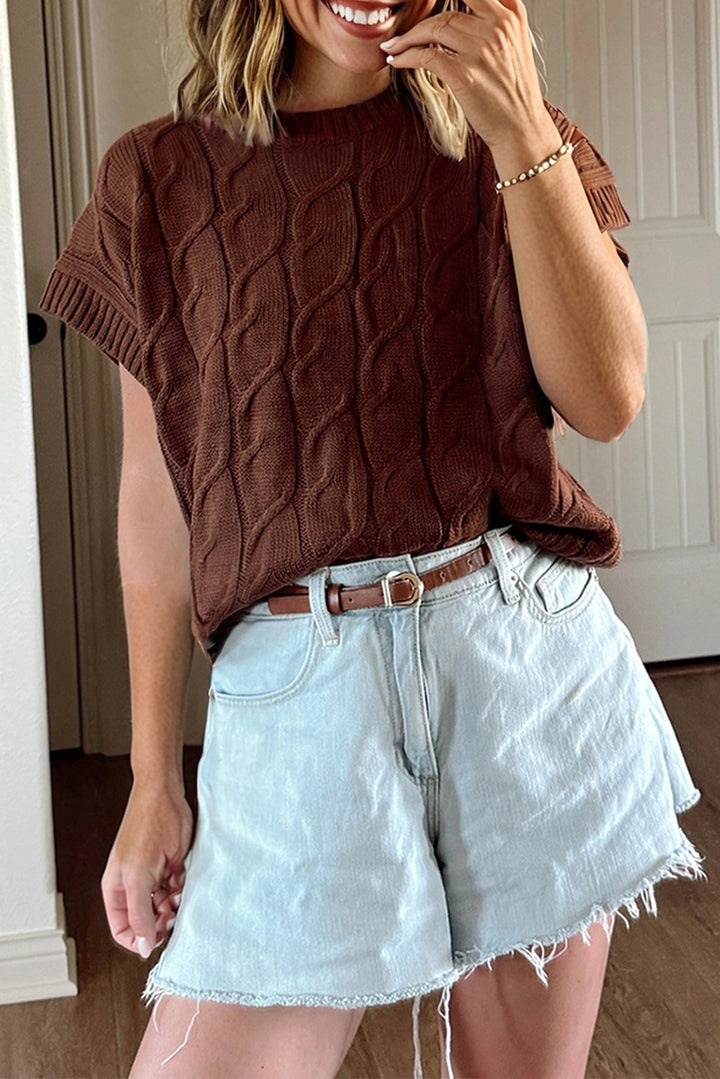 Cable Texture Crew Neck Short Sleeve Sweater Top