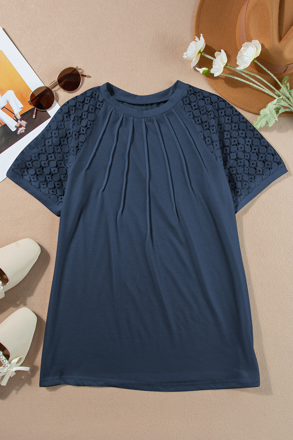 Navy Blue Seamed Detail Contrast Lace Raglan Sleeve Tee