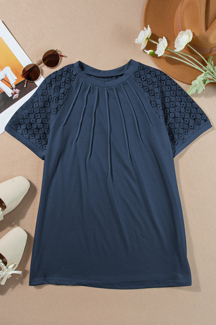 Navy Blue Seamed Detail Contrast Lace Raglan Sleeve Tee
