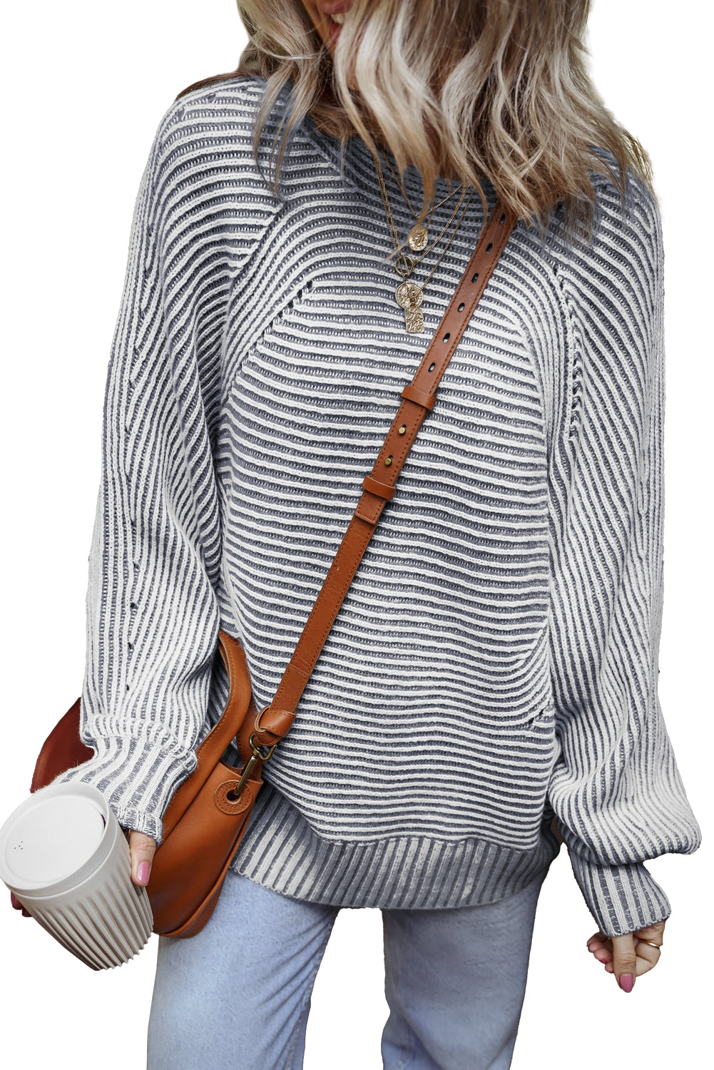 Striped Print Ribbed Knit Boat Neck Baggy Sweater