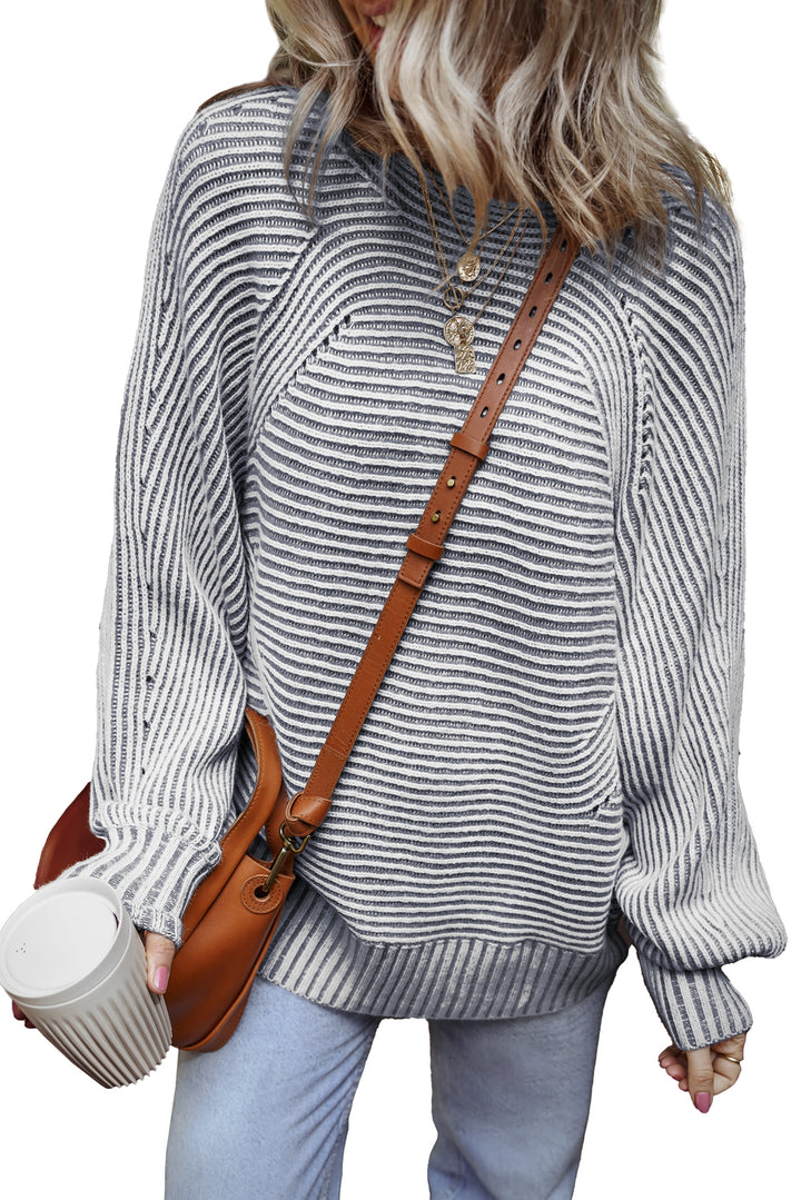 Striped Print Ribbed Knit Boat Neck Baggy Sweater