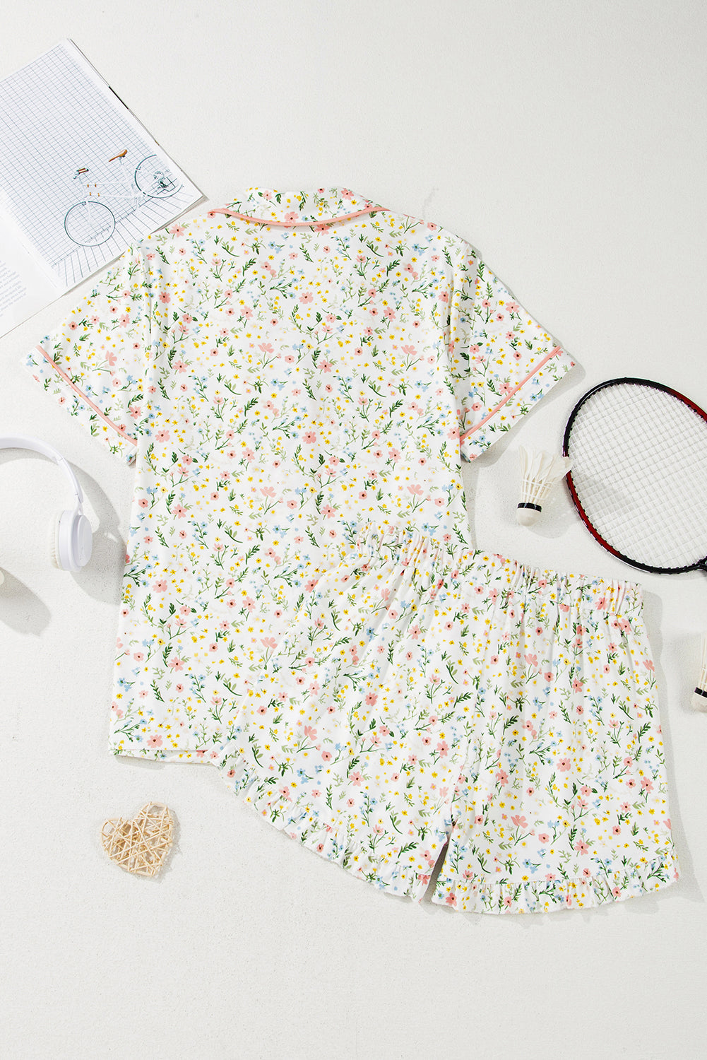 floral print contrast pipping short pajamas set 1