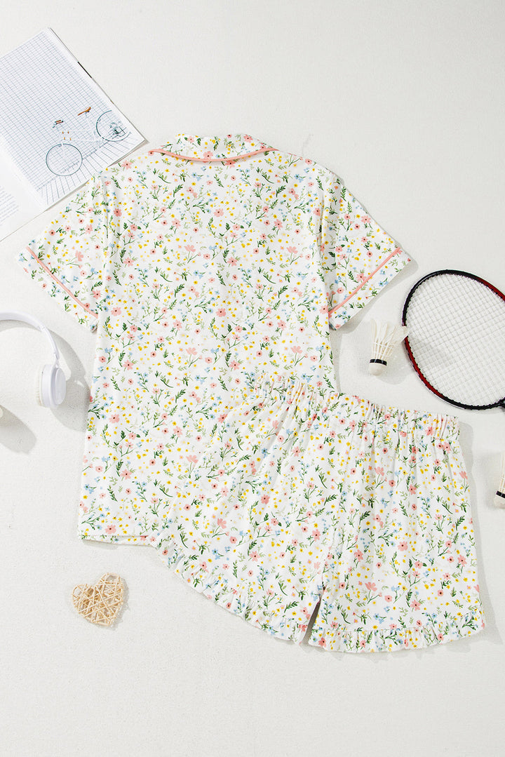 floral print contrast pipping short pajamas set 1