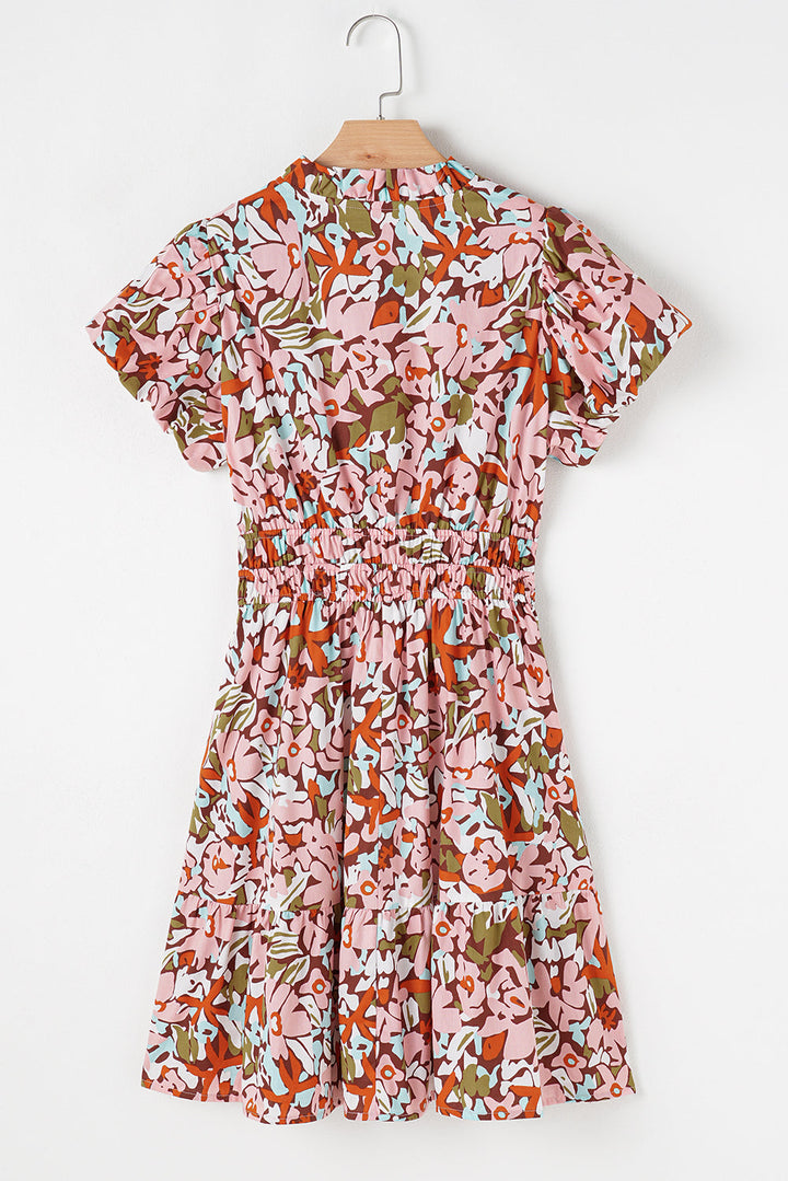 Floral Print Puff Sleeve Shirred High Waist Mini Dress