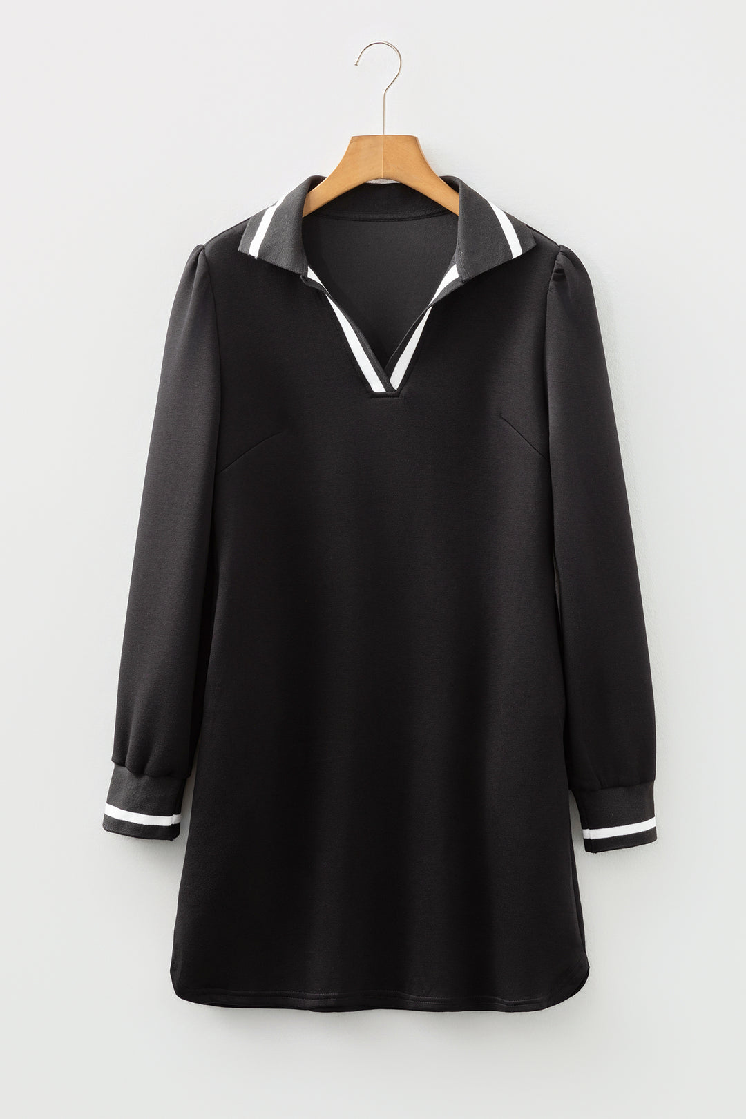 Black Striped Trim V Neck Collared Long Sleeve Shift Mini Dress