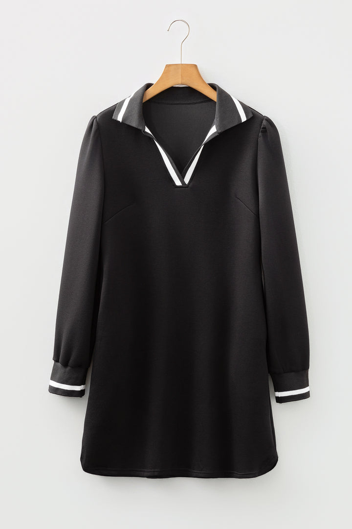 Black Striped Trim V Neck Collared Long Sleeve Shift Mini Dress