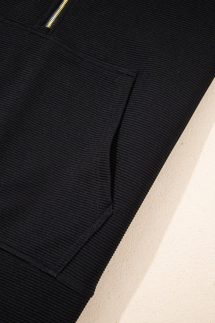 Black Textured Half Zip Kangaroo Pocket Top Drawstring Shorts Set