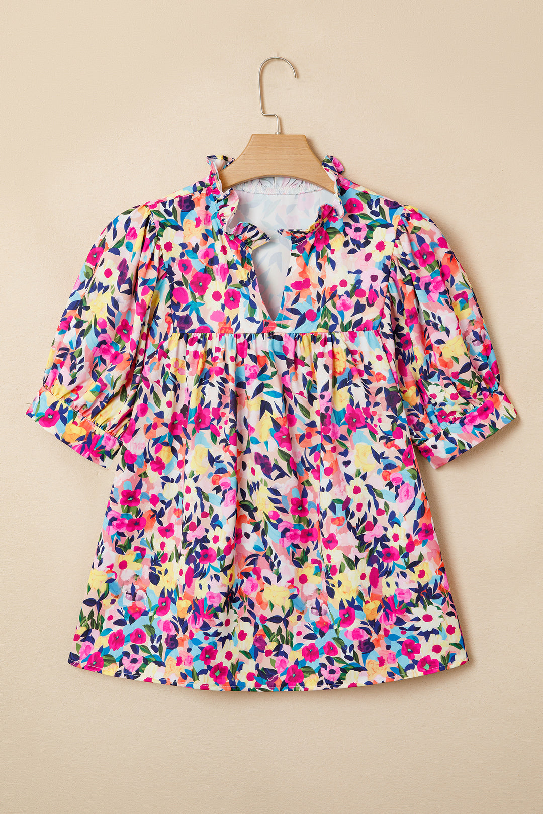 Pink Flower Print Frilled Collar Short Puff Sleeve Summer Blouse