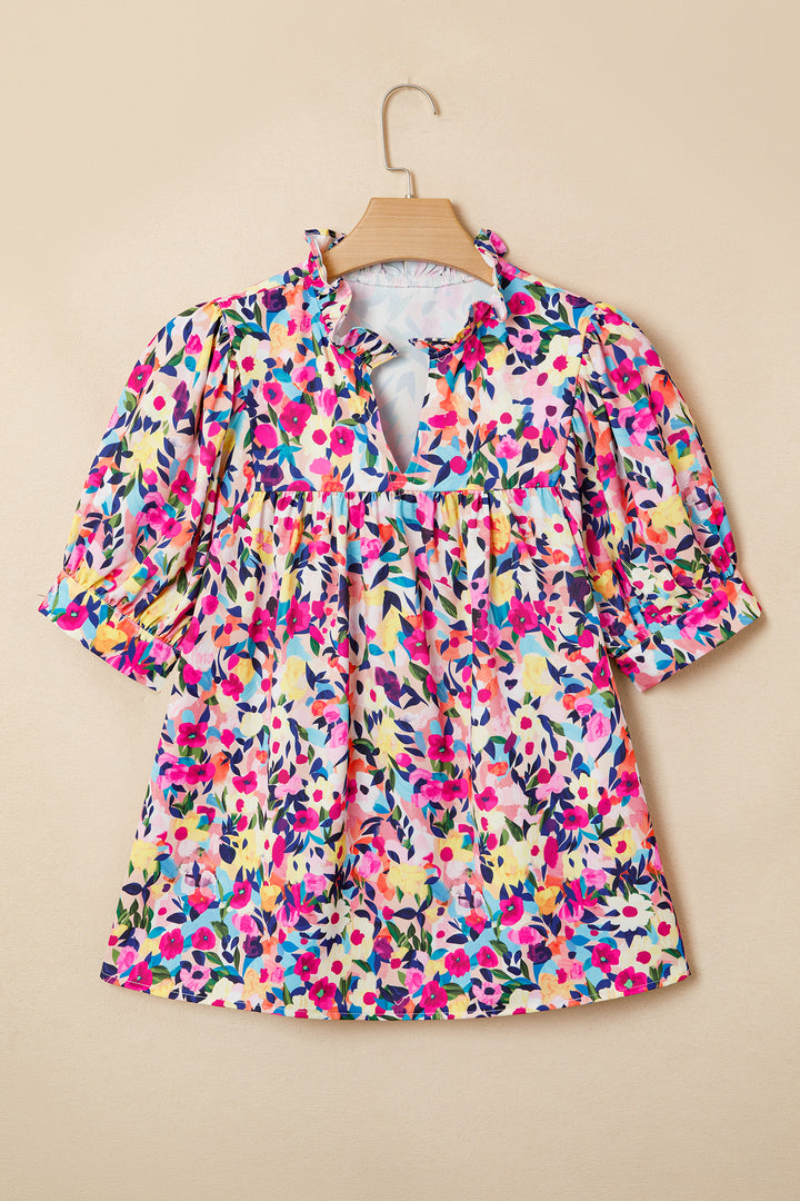 Pink Flower Print Frilled Collar Short Puff Sleeve Summer Blouse