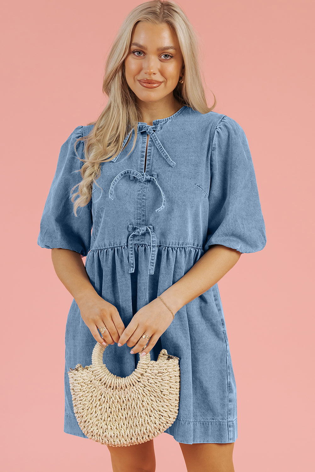 Bowknot Bubble Sleeve Short Denim Dress