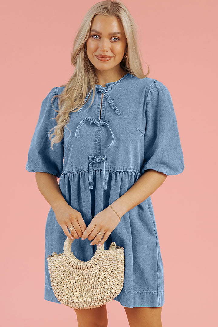 Bowknot Bubble Sleeve Short Denim Dress