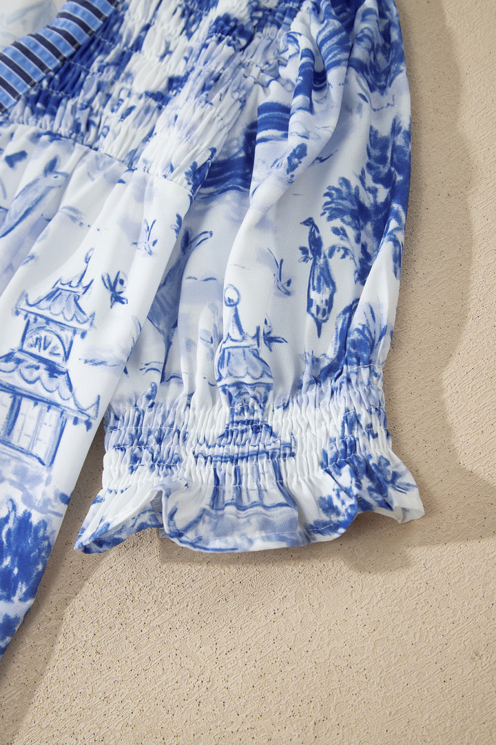 Blue Wild Animal Paradise Striped Detail V Neck Blouse