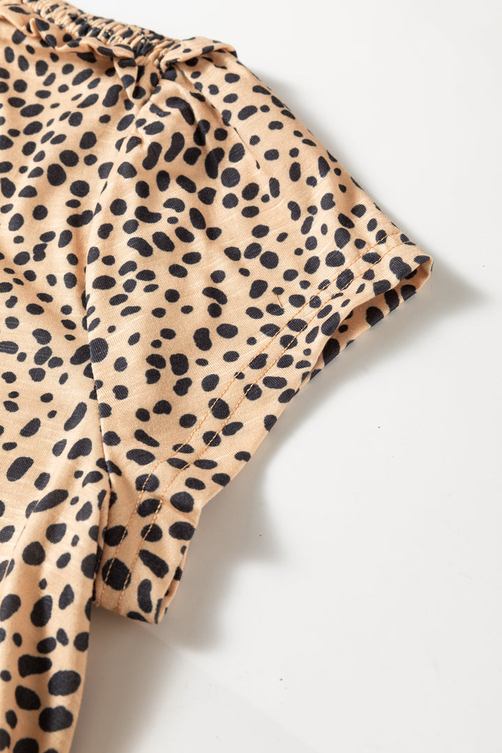 Cheeath Print Frilled V Neck Shirred Detail Short Sleeve Blouse