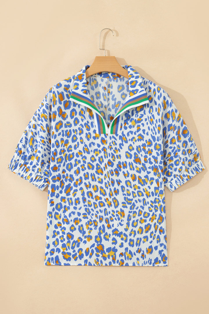 Sky Blue Leopard Color Block Contrast Striped V Neck Half Sleeve Loose Fit Blouse