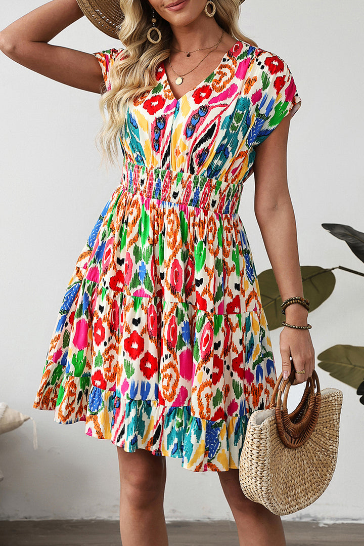 Sky Blue Abstract Print Dolman Sleeve Ruffle Tiered Mini Dress