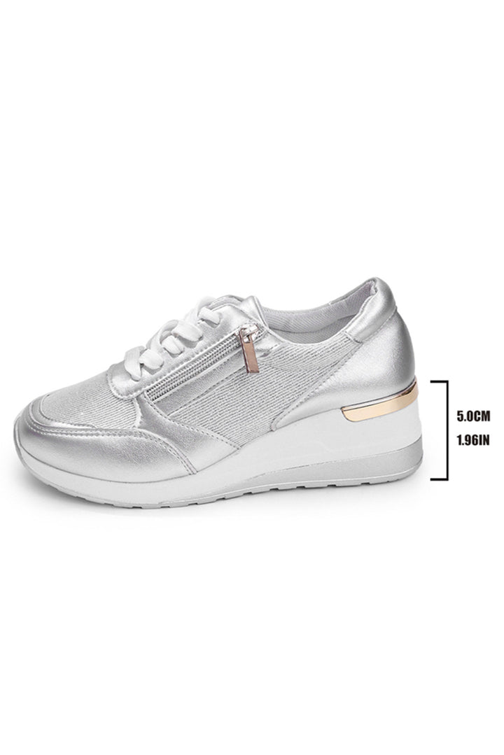 Schnür-Sneakers aus PU-Leder mit Patchwork-Reißverschluss