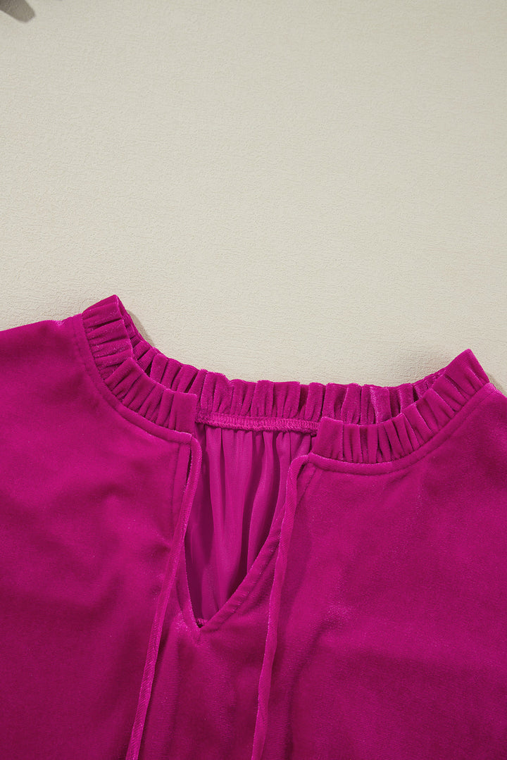 Plus Size Ruffled Sleeve V Neck Velvet Blouse