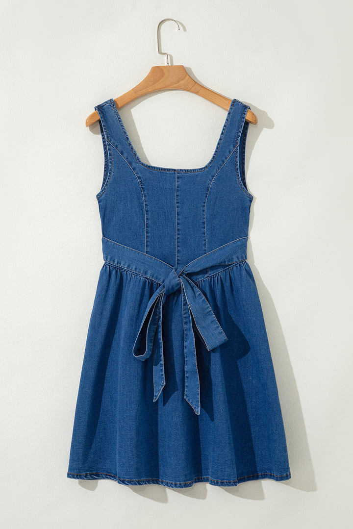 Square Neck Bowknot A-line Sleeveless Denim Dress