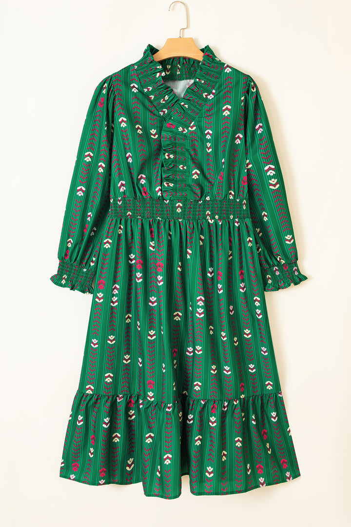 Green Floral Print Long Sleeve Shift Plus Size Dress