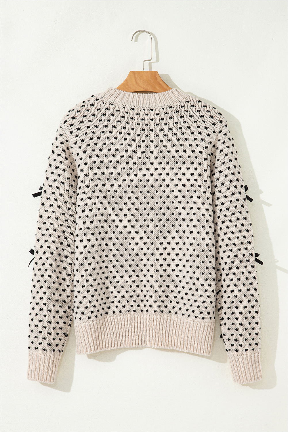 Bow Decor Color Contrast Ribbed Edge Crew Neck Sweater