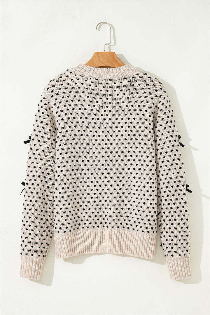 Bow Decor Color Contrast Ribbed Edge Crew Neck Sweater