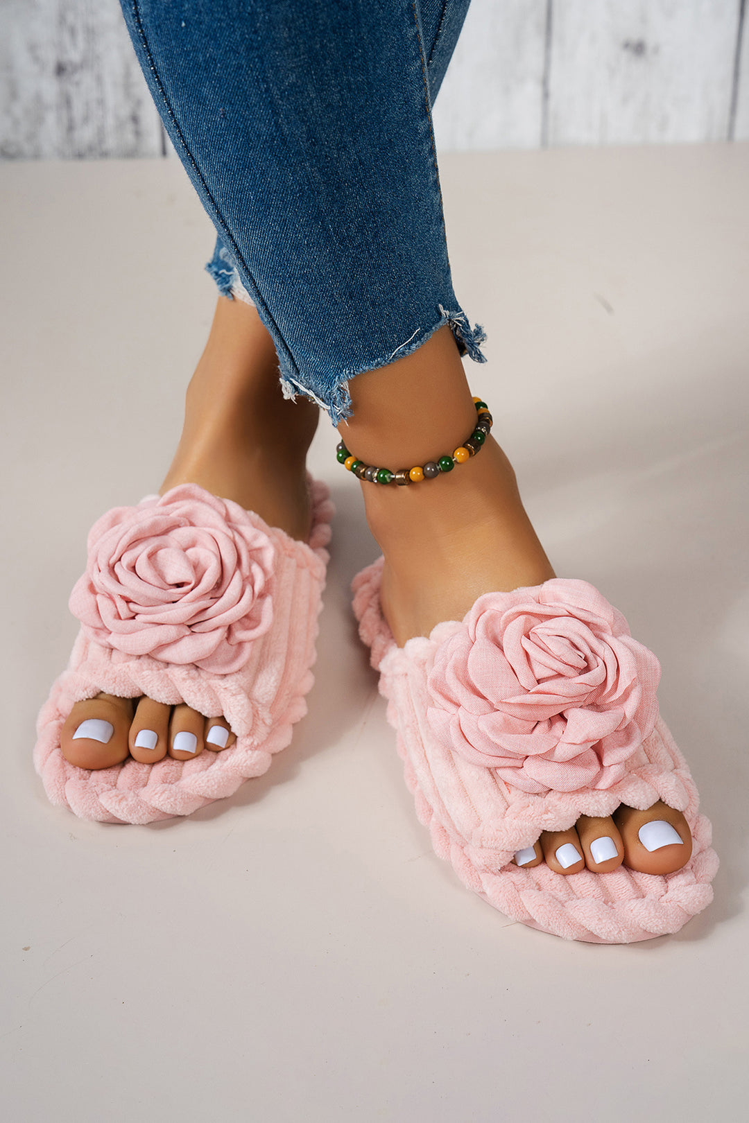Solid Color 3D Flower Accent Corded Ribbed Open Toe Slippers