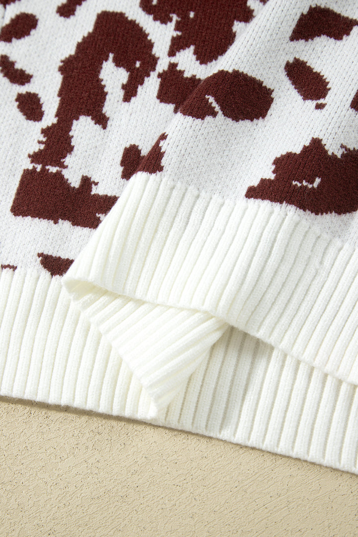 Brown Western Print Cow Pattern Long Sleeve Round Neck Pullover Knitwear Sweater