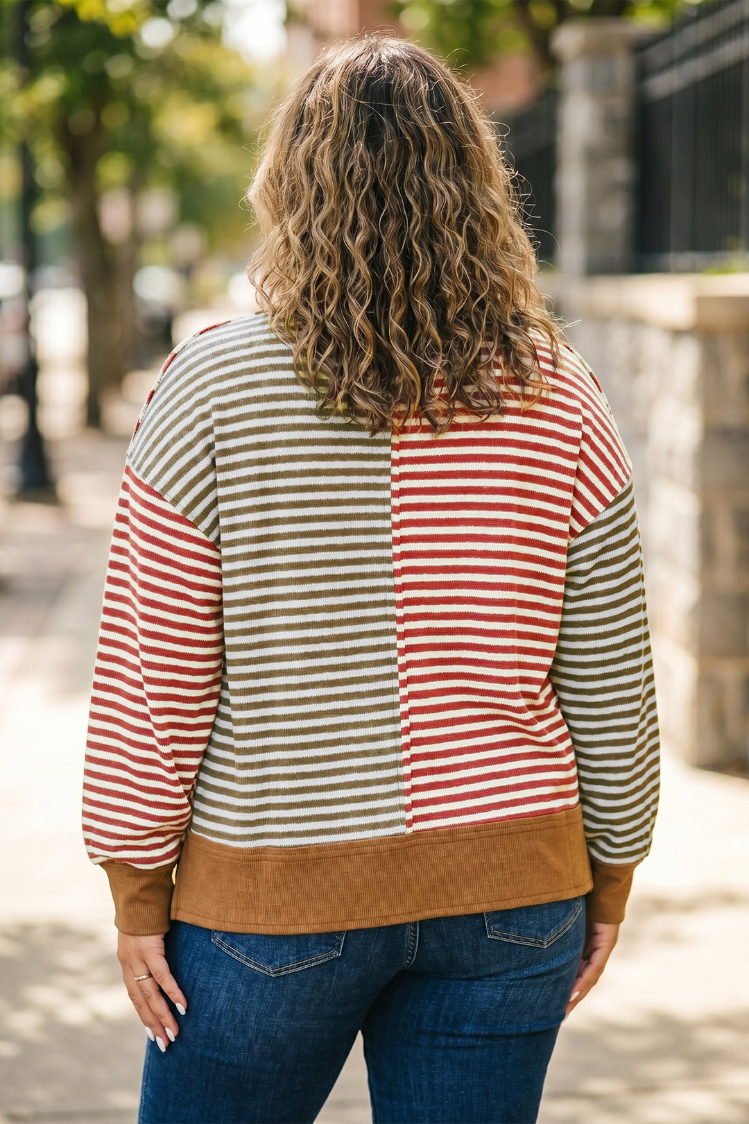 Brown Stripe Striped Oversized Long Sleeve Plus Size Blouse