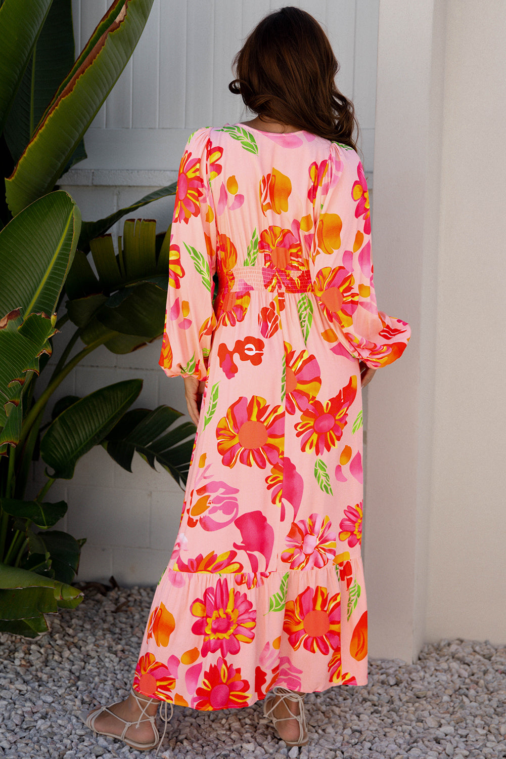 Floral Print Smocked Detail V Neck Puff Sleeve Flowy Maxi Dress