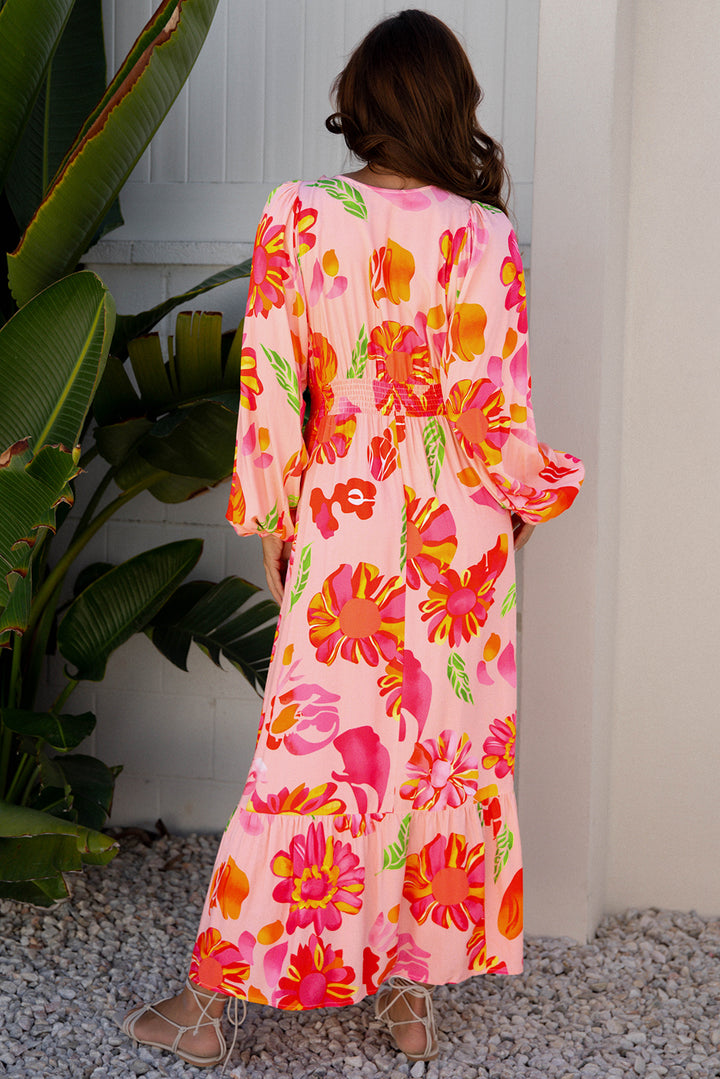 Floral Print Smocked Detail V Neck Puff Sleeve Flowy Maxi Dress