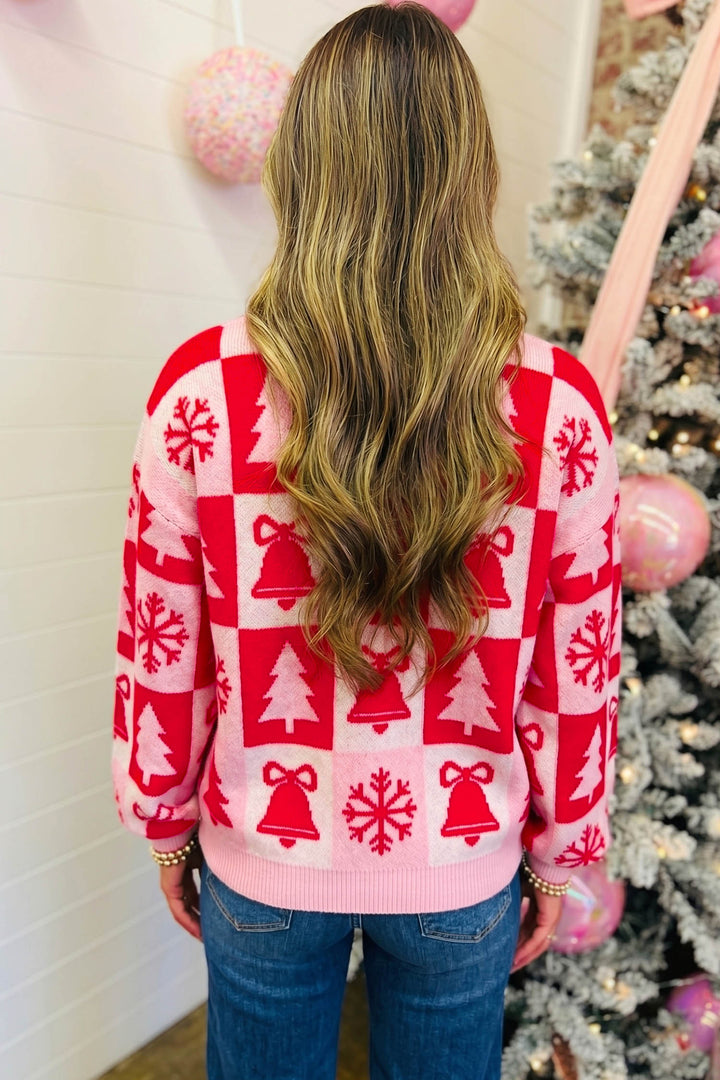 Pink Christmas Plaid Pullover Round Neck Long Sleeve Casual Fit Tunic Knitwear Sweater