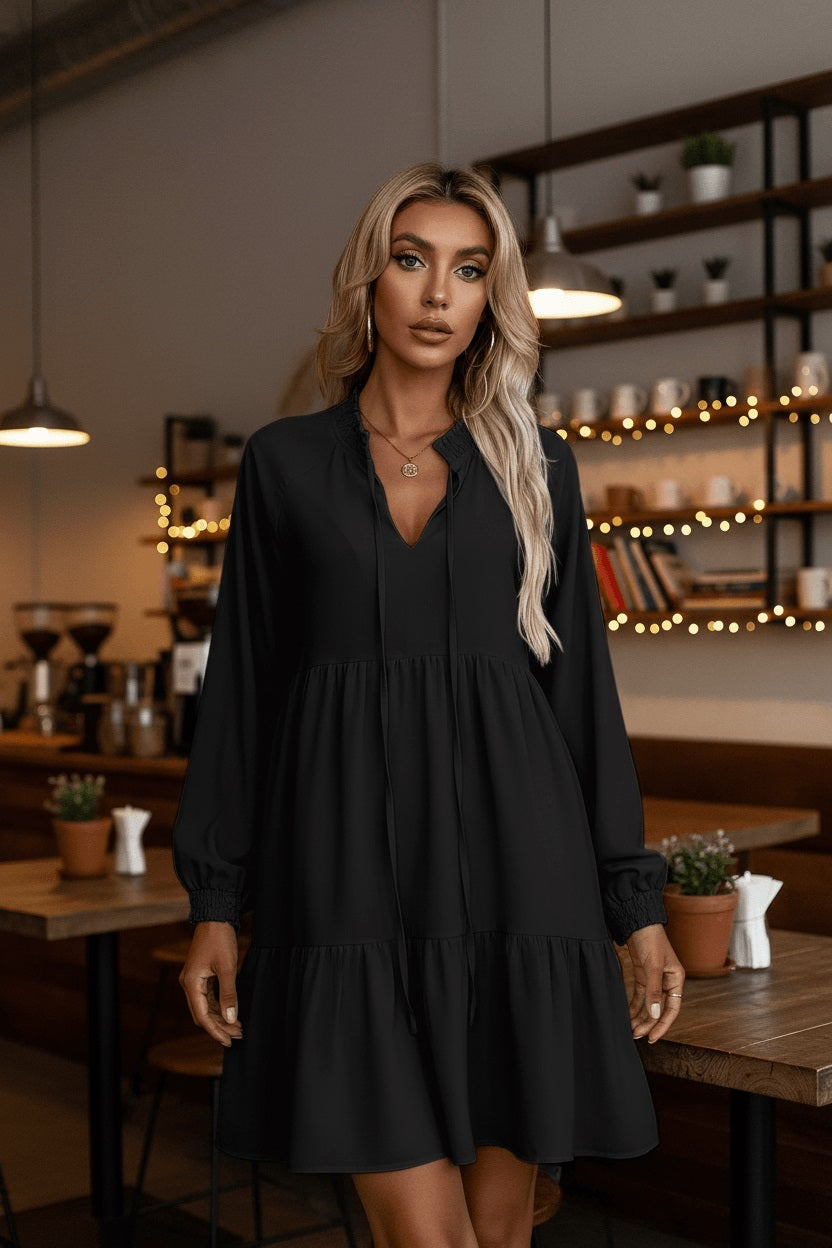 Black Tie Split Neck Smocked Detail Long Puff Sleeve Ruffle Hem Loose Dress