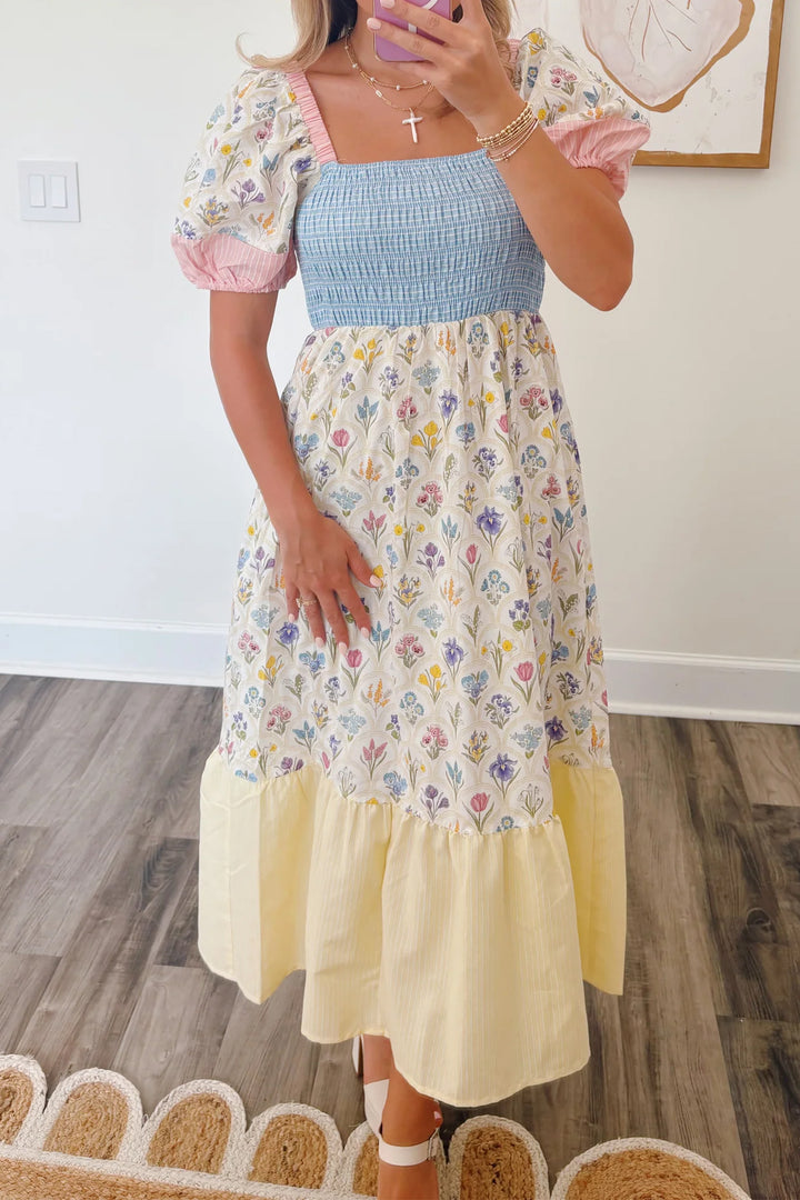Multicolour Floral Print Striped Color Block Patchwork Square Neck Shirred Long Dress