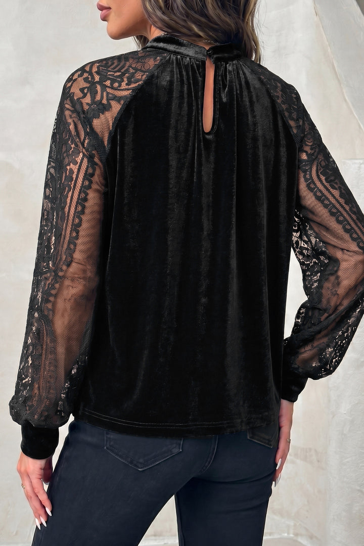 Black Sheer Lace Long Sleeve Patchwork Stand Neck Velvet Blouse