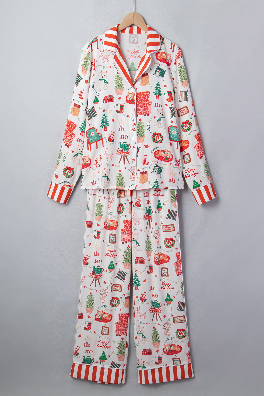 White Striped Holiday Long Sleeve Two Piece Shift Home Wear Lounge Set