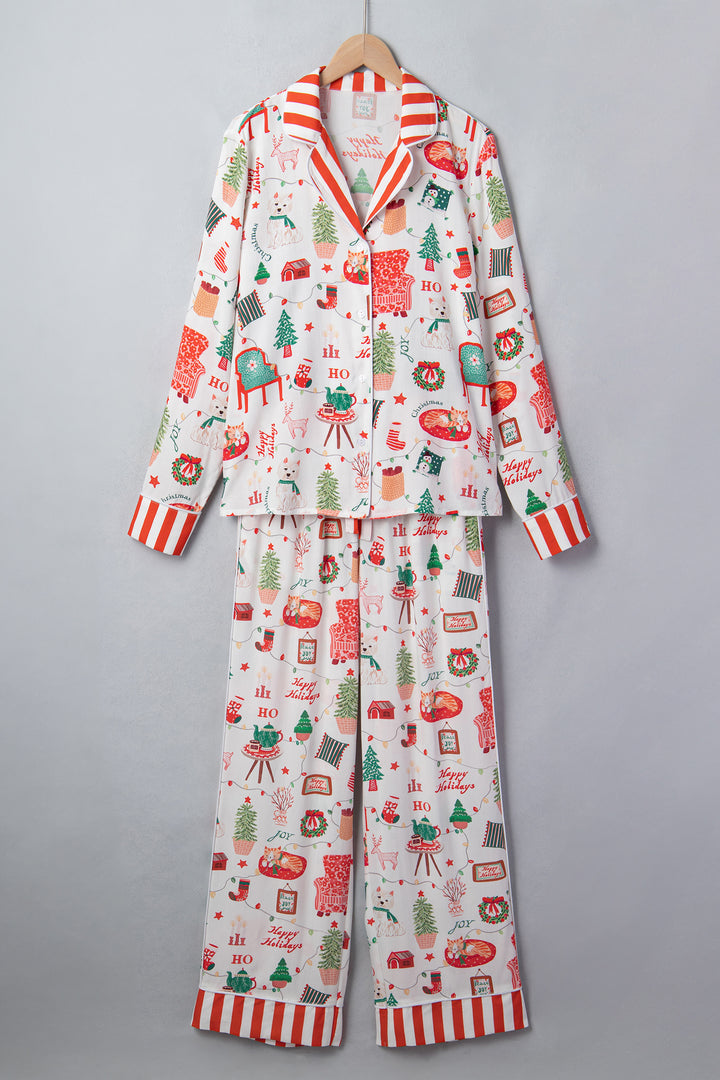 White Striped Holiday Long Sleeve Two Piece Shift Home Wear Lounge Set