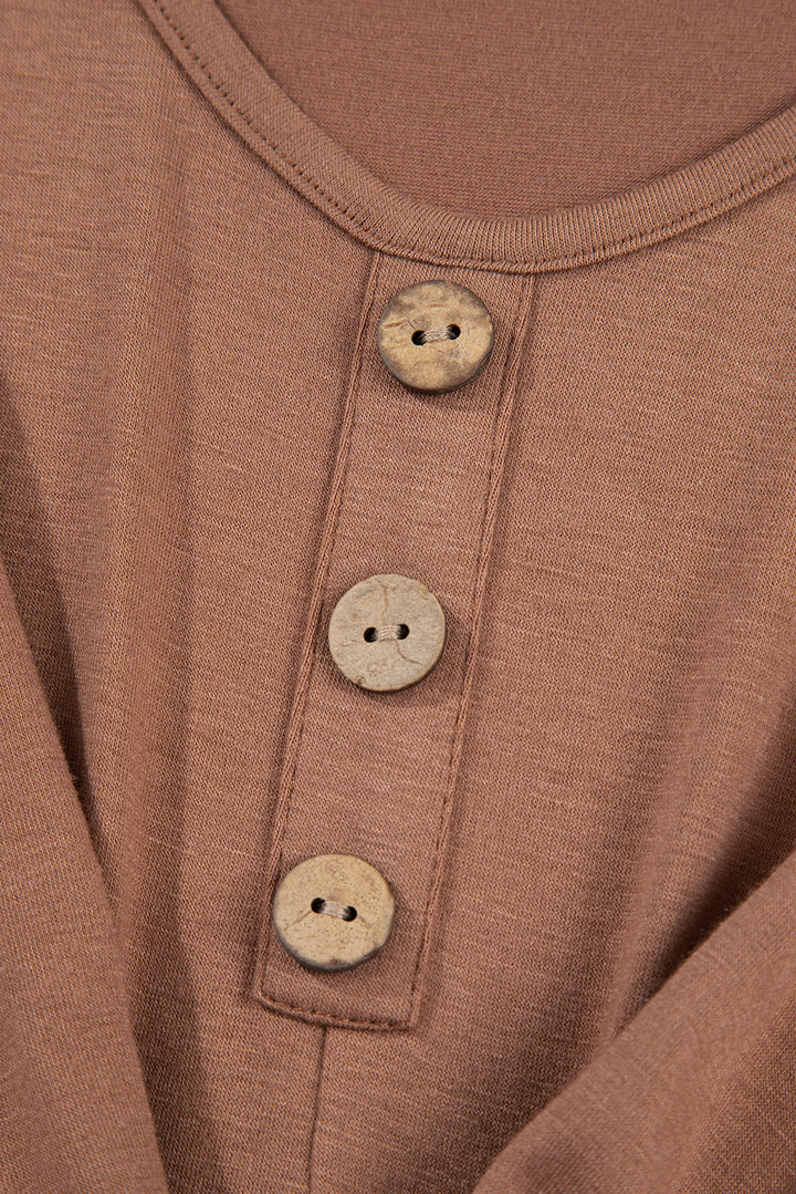 Chestnut Shirred Cuff Long Sleeve Button Mini Dress