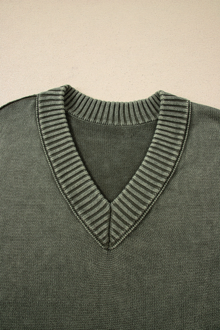 Four Leaf Clover Mineral Wash V Neck Knit Exposed Seam Drop Shoulder Loose Sweater
