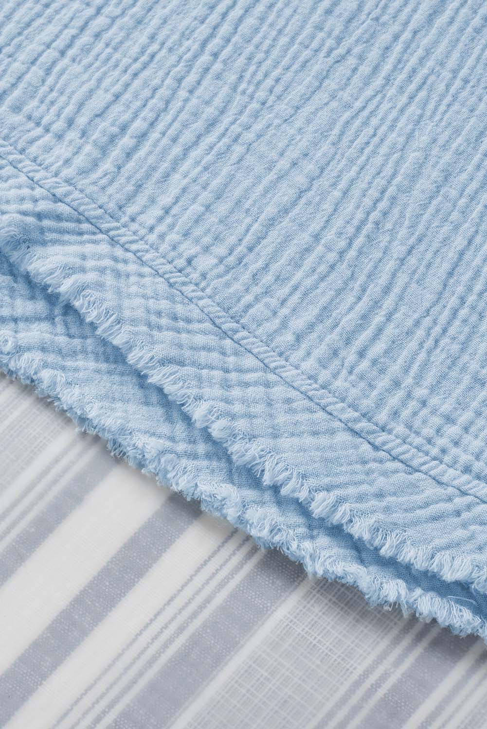 Sky Blue Frayed Batwing Sleeve Textured Cotton Blouse
