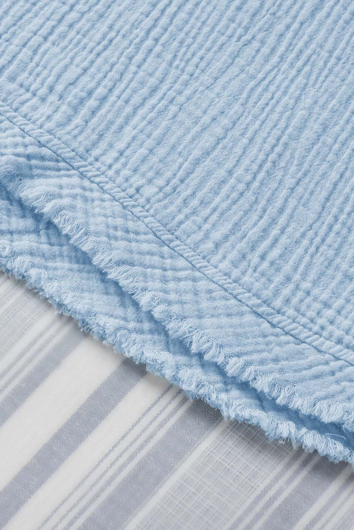 Sky Blue Frayed Batwing Sleeve Textured Cotton Blouse