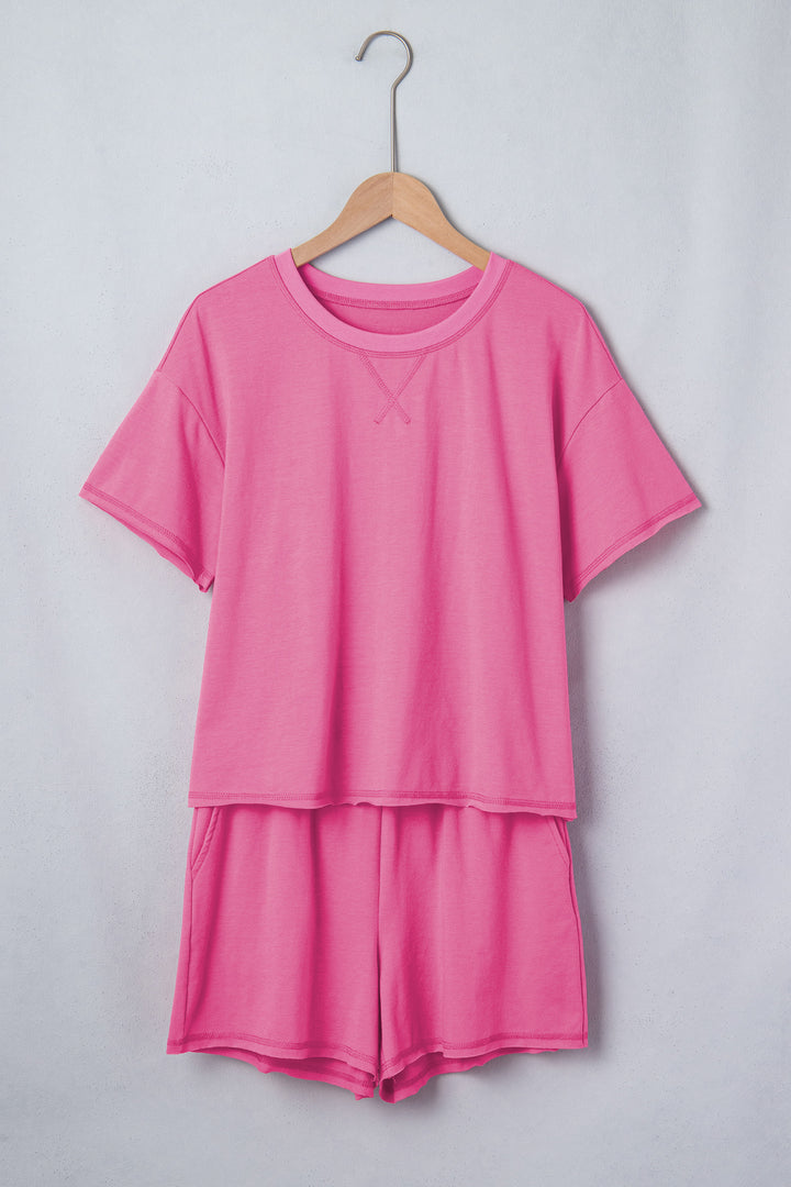 Bright Pink Seam Detail Raw Edge Tee Rainbow Waistband Casual Short Set