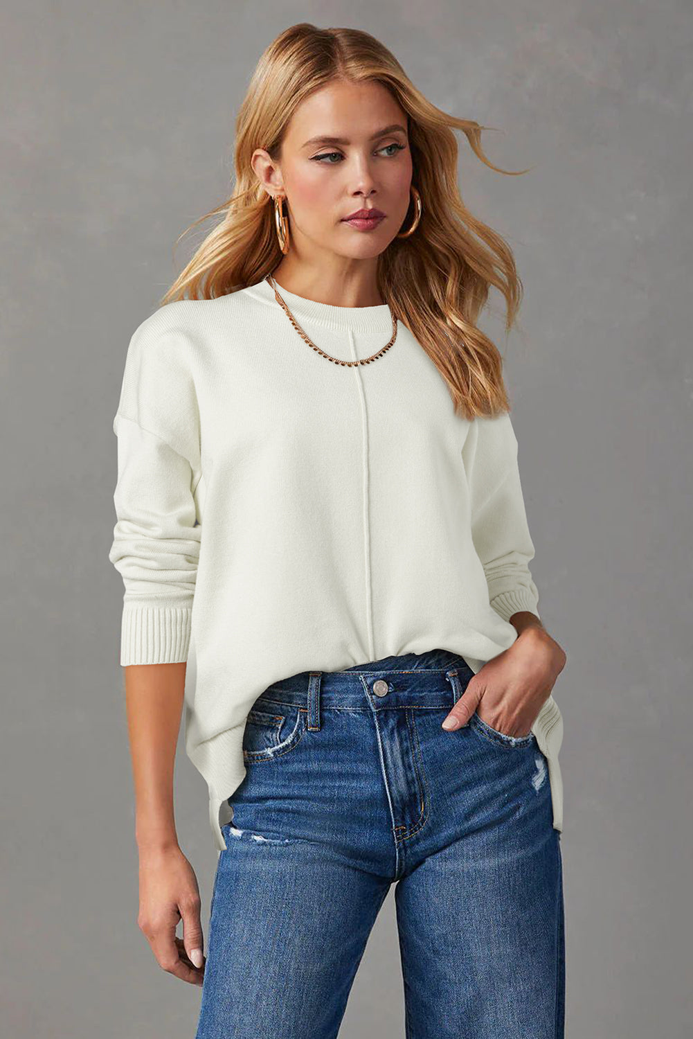 Front Center Seam Drop Shoulder Pullover Solid Sweater