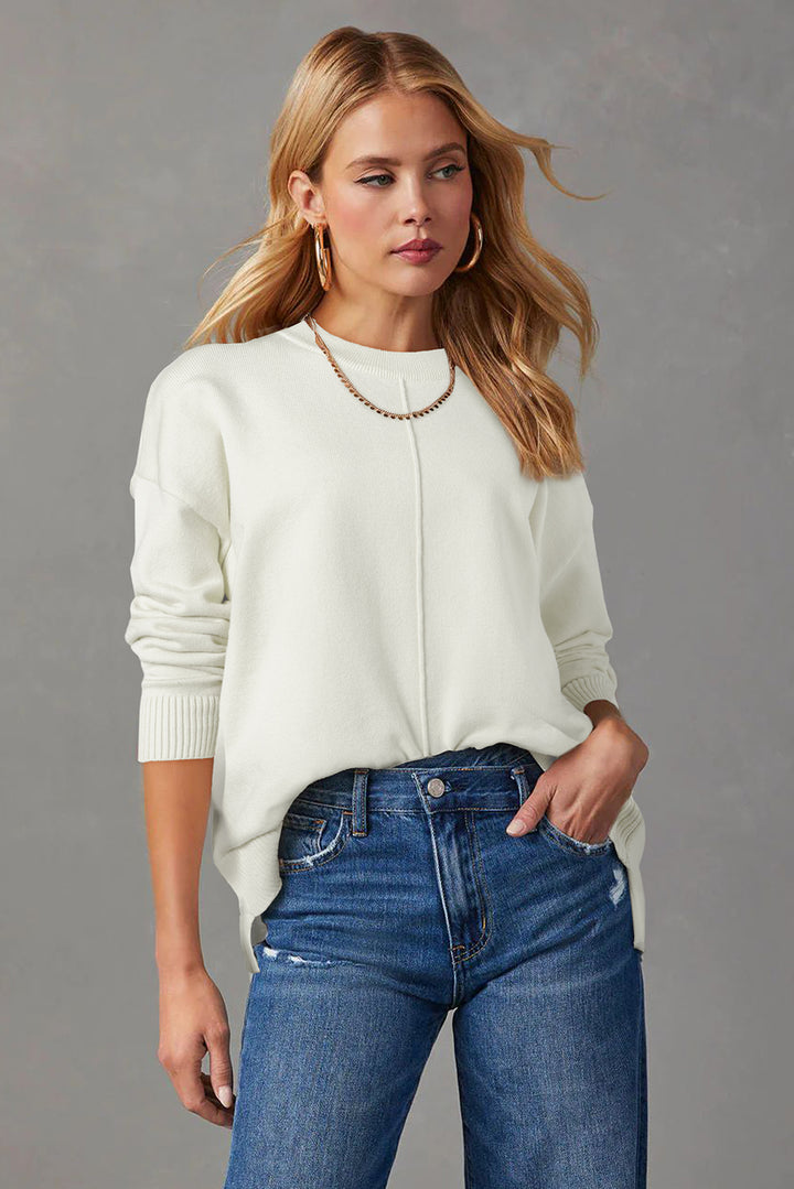 Front Center Seam Drop Shoulder Pullover Solid Sweater